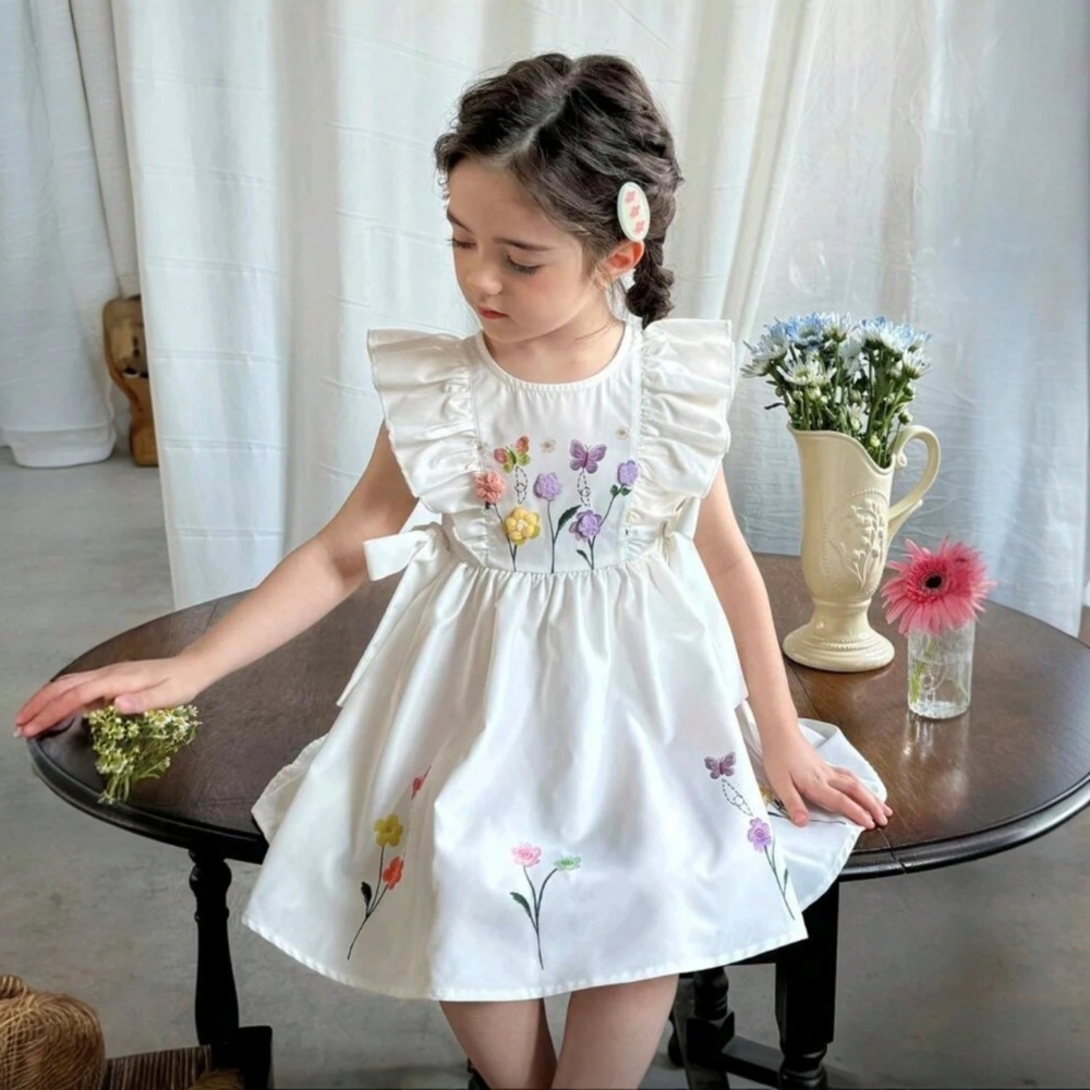 Floral Embroidered White Kids Dress